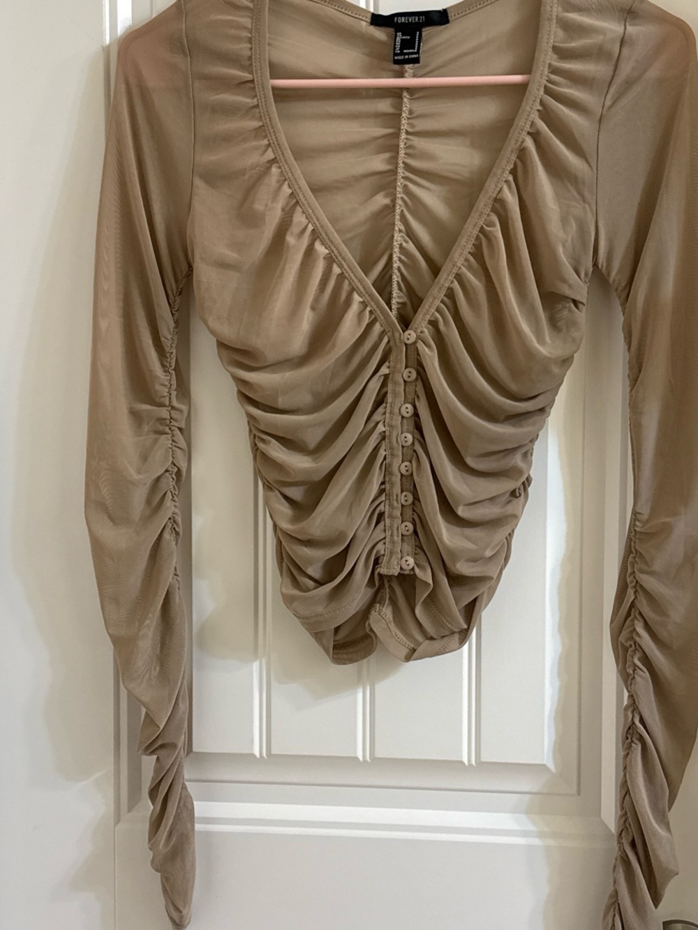 Forever 21 Taupe Ruched Sheer Button-Front Top